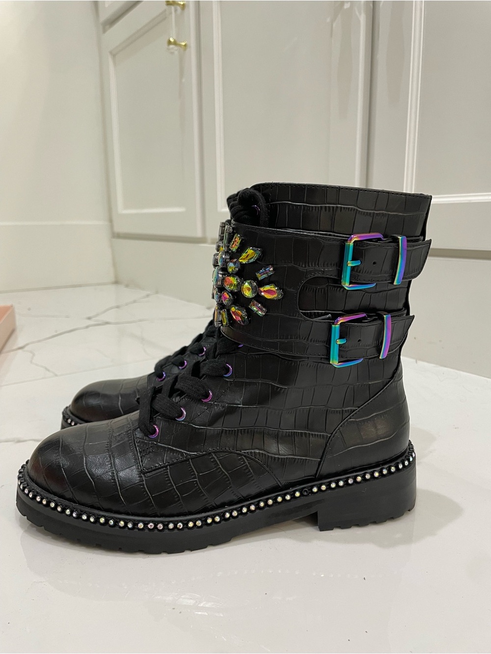 Kurt Geiger Black Croc-Embossed Lace-Up Boots with Iridescent Buckles